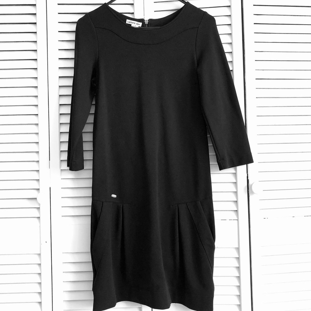 Lacoste Womens Shift Dress Black Mini Stretch Scoop Neck Pockets Zipper S 36